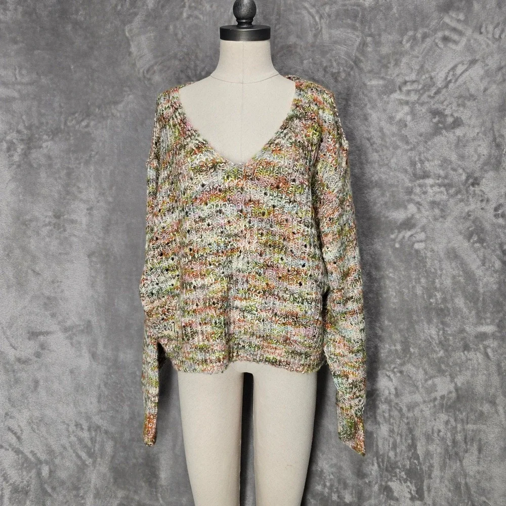 Free People Sweater Women S Multicolor V-Neck Oversized Chunky Knit Boho Earthy